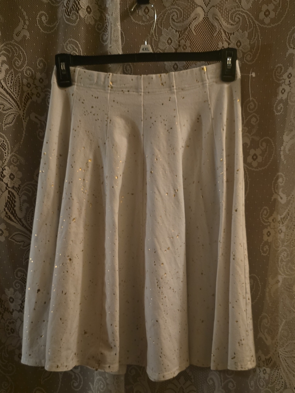 New Hard Tail Women’s L White Full Circle Skater Pull On Skirt Gold Foil Accents